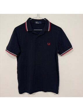 Fred Perry Mens Twin Tipped Pique Cotton Polo Shirt Navy Blue Red Size S EUC